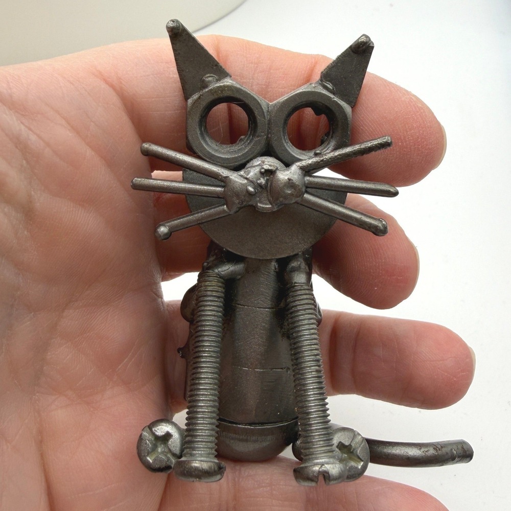 Handmade Steampunk Cat Figurine Industrial Metal Nut and Bolt Art Sculpture